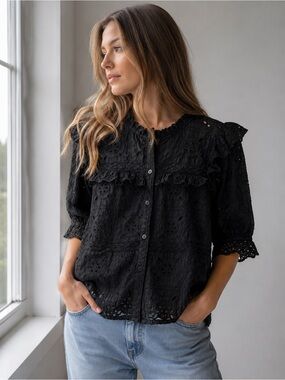 Sam Edelman Coastal Boho Eyelet Ruffle Blouse Cottagecore Romantic Black L